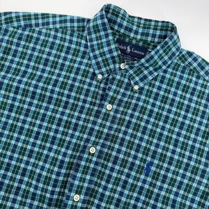 Ralph Lauren Blake Men's Short Sleeve Button Down Shirt Green Blue Plaid Large